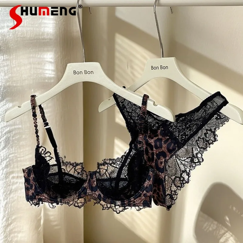 

Beauty Back French Style Bra Set Women Sexy Lace Mesh Leopard Print Lingerie Female Pure Desire Thin Style Underwear Intimates