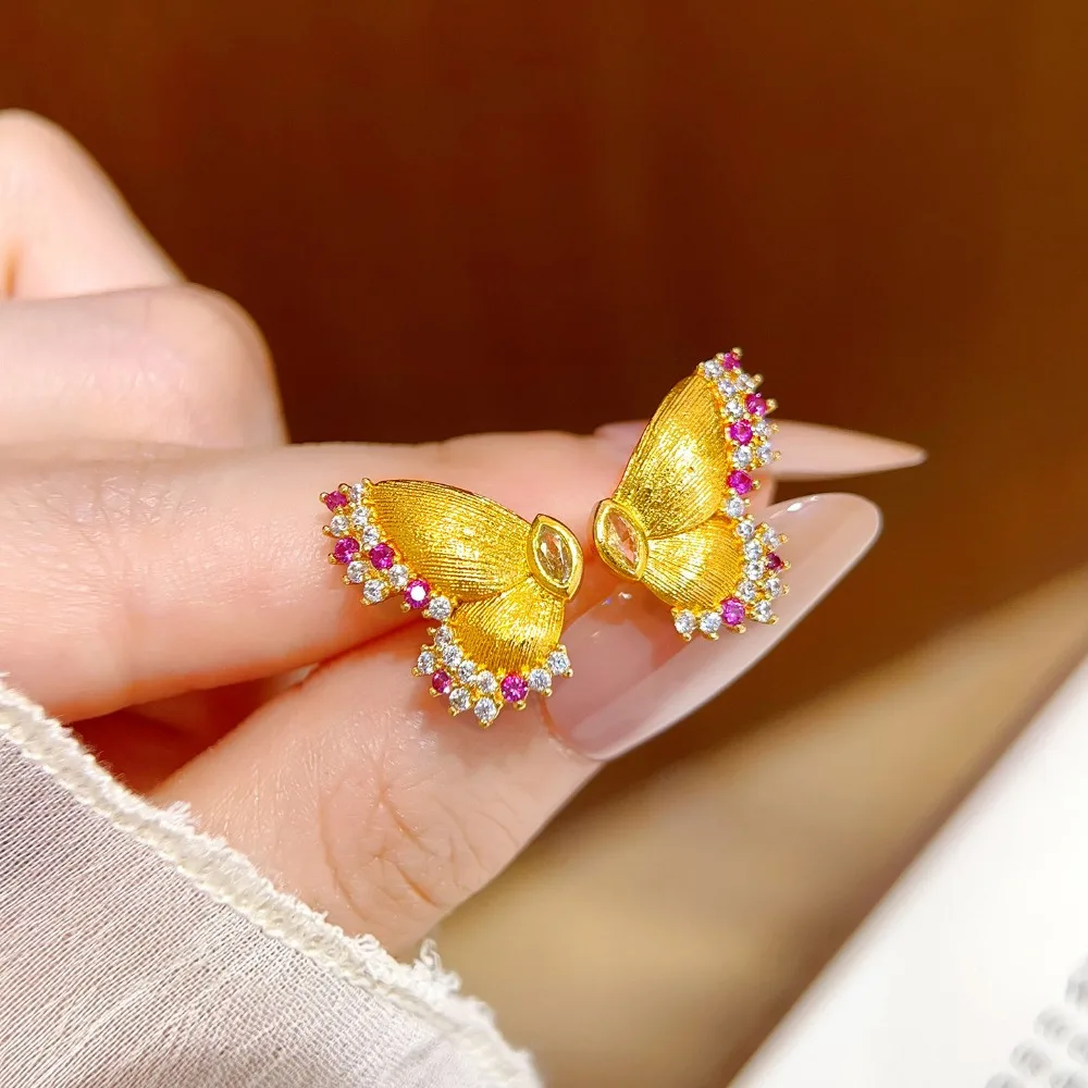 Flash brushed rose red with diamond butterfly stud earrings for women 9999gold