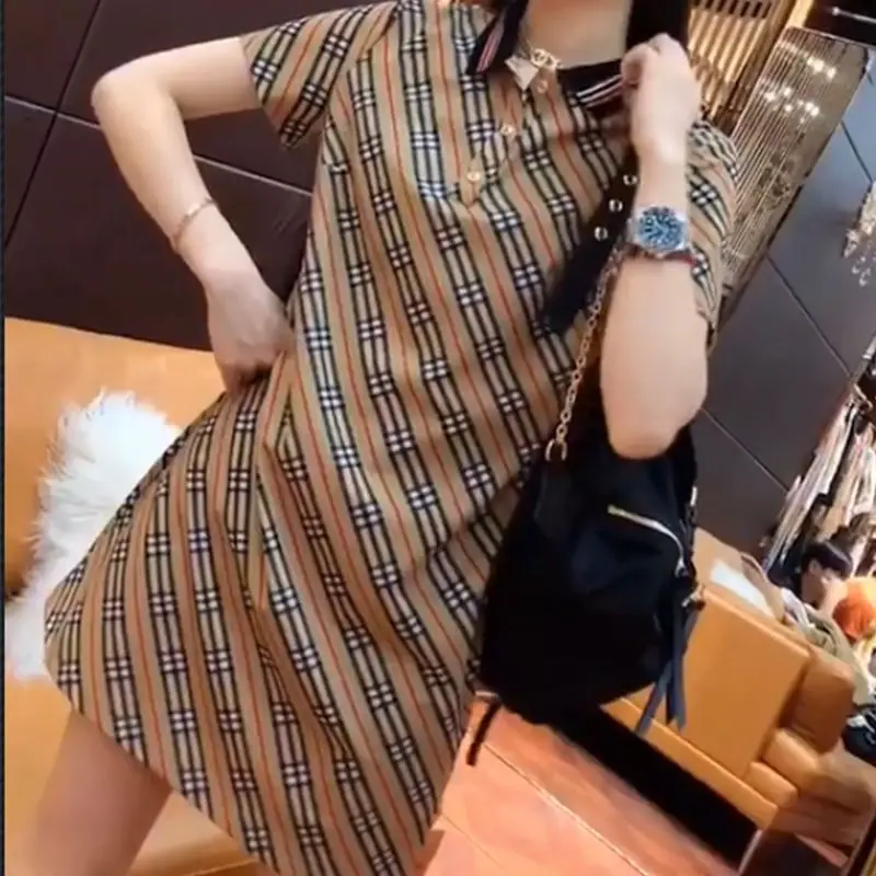 Polo collar plaid dress casual belly covering age reduction popular short-sleeved skirt in spring and summer 2023