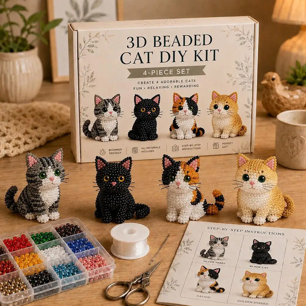 Kit de bricolage 3D pour la création de chats perlés, 4 pièces, ensemble de fabrication de perles d'animaux mignons, fournitures d'art et d'artisanat relaxantes faites à la main pour adultes et adolescents