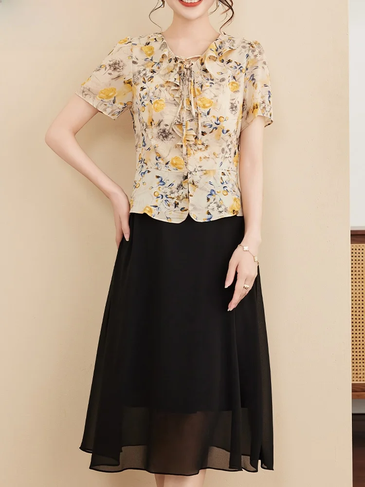 

Летнее модное шифоновое платье для мам с коротким рукавом, цветочным принтом, вставками, миди-юбкой, свободного кроя, с V-образным вырезом, в корейском стиле, женское