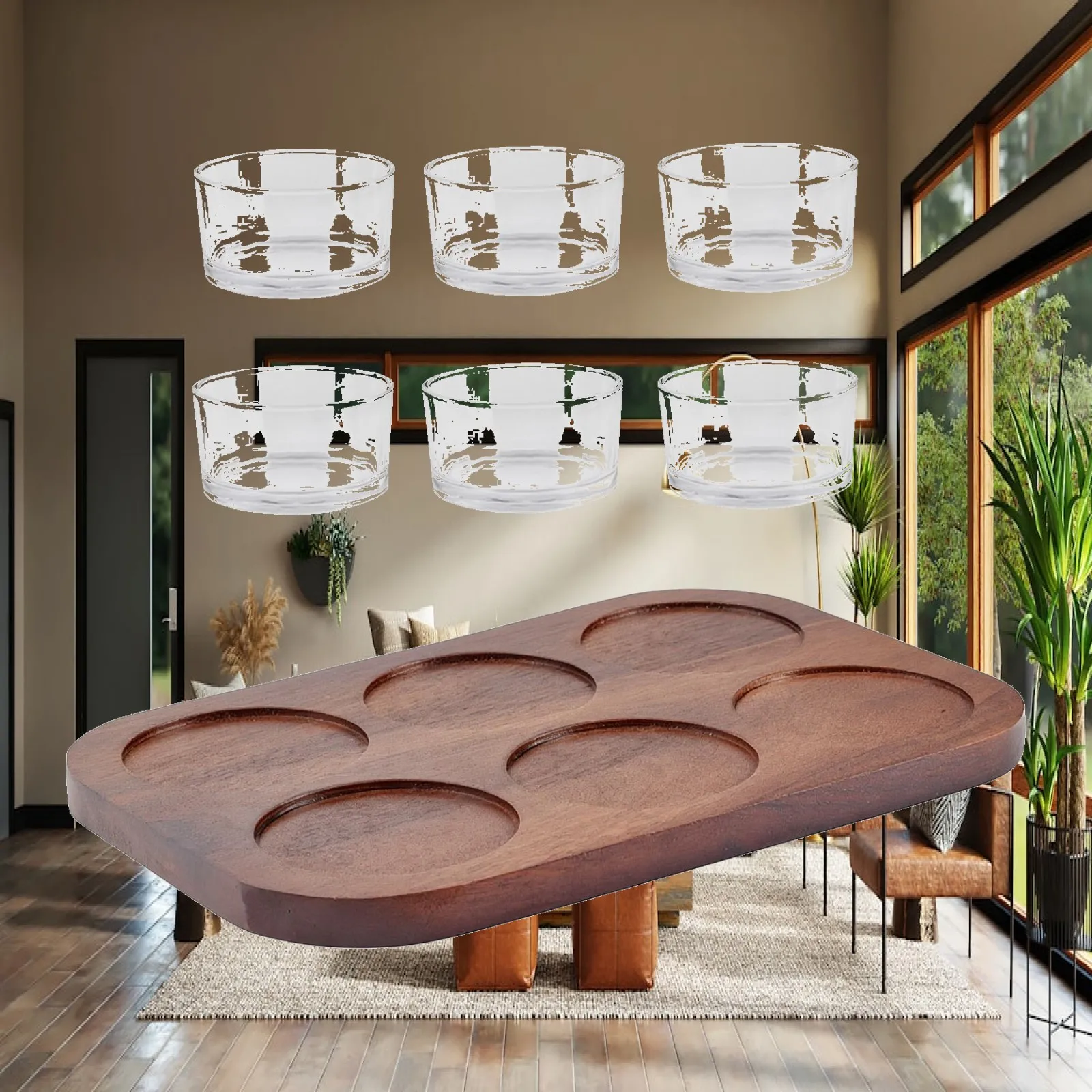 Plateau en bois avec bols en verre, plateau de service de style japonais avec bols, 6 compartiments divisés pour les hôtes, les réceptions à domicile, les fêtes