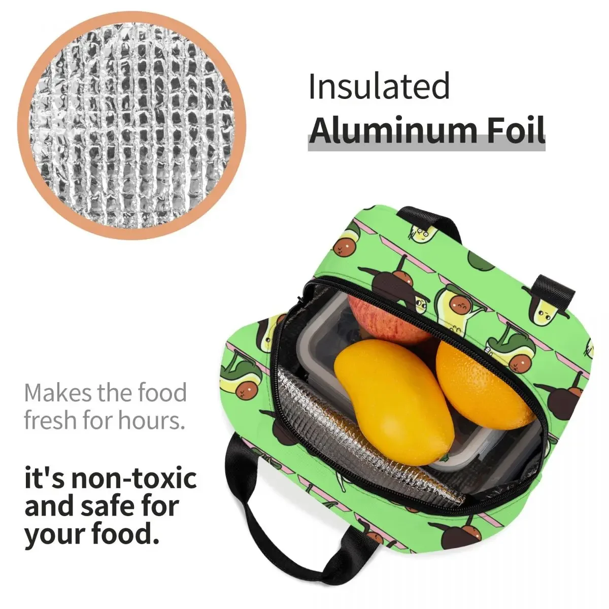 Funny Fruit Vegan Avocado Yoga Lunch Bag for Women Resuable Insulated Thermal Cooler Food Lunch Box School Work Picnic Bags