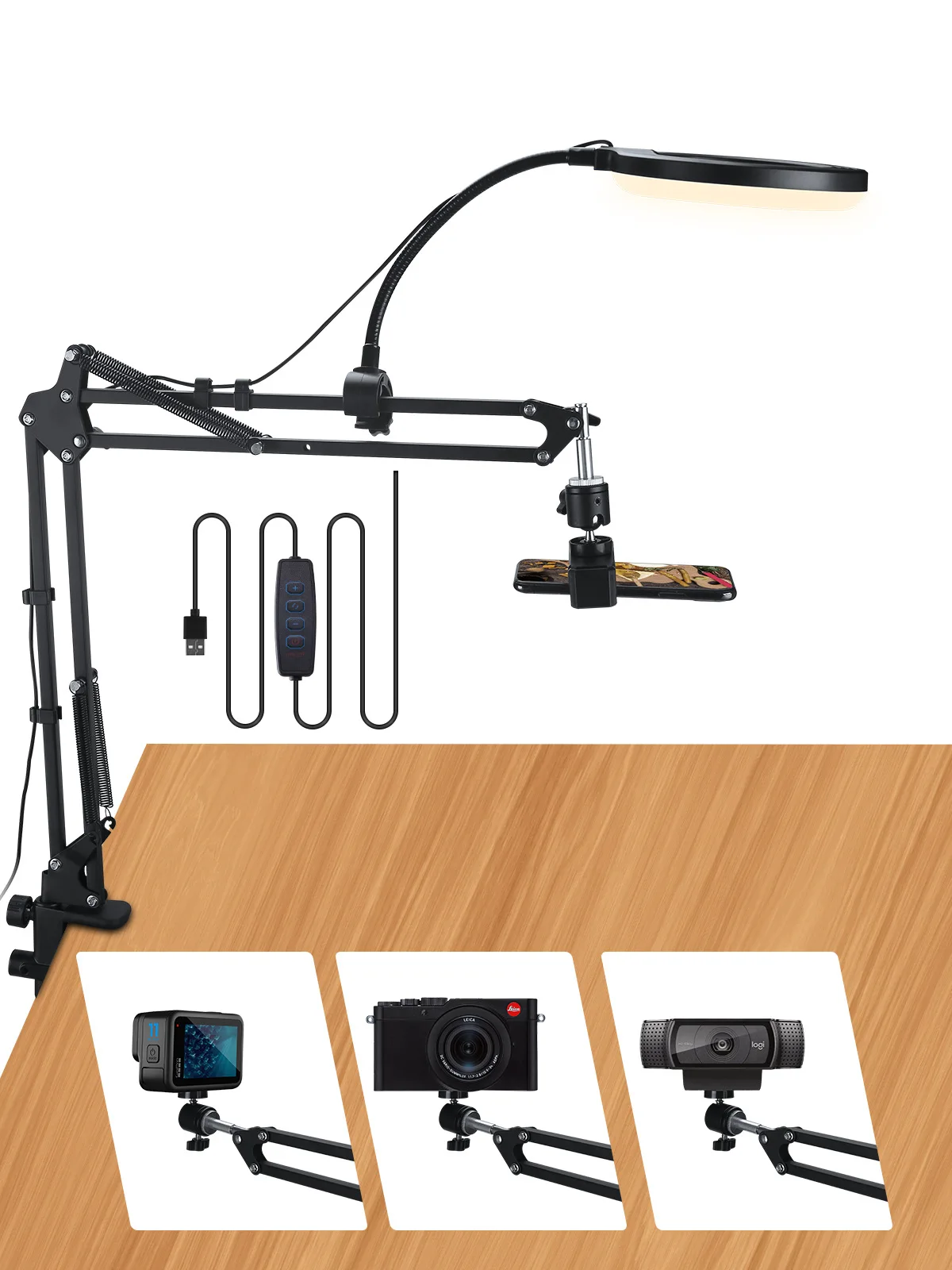 Overhead Camera Mount with Ring Light Selfie Flexible Articulating Phone Arm Stand iPhone Desk Tripod for Video Recording