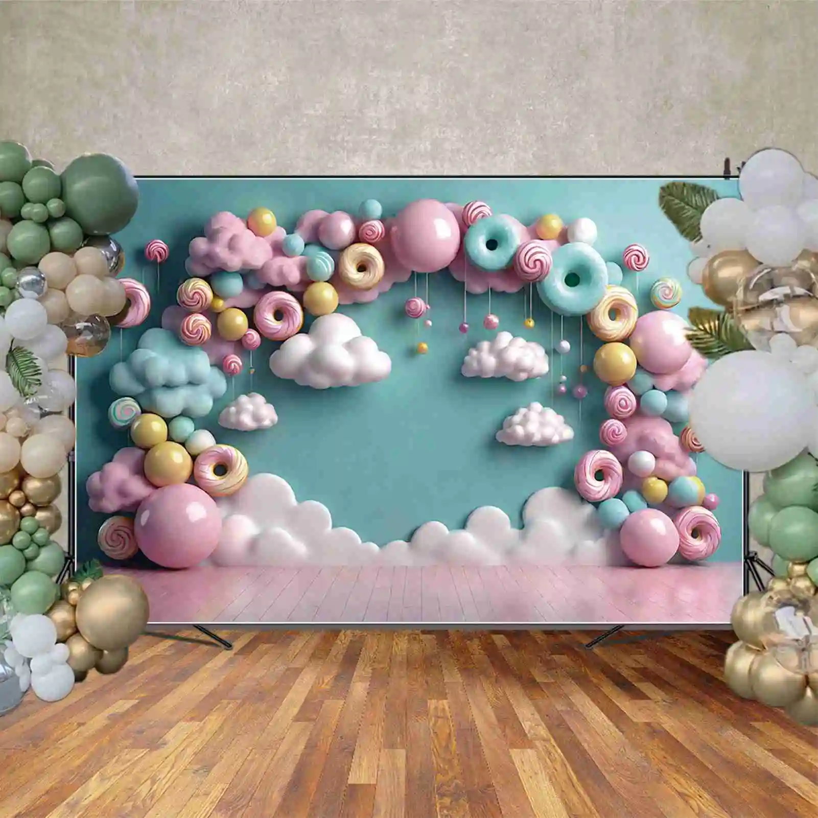 MOON.QG Fairy Candyland Birthday Backdrop Doughnut Cotton Candy Cloud Sky Background Party Decoration Photography Shooting Props