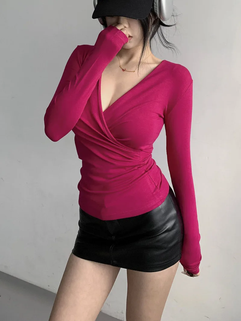 

European American Sexy Spicy Girl V-neck Beveled Edge Folded Cross Slim T-shirt Women Waist Cinching Long Sleeved Solid Top D560