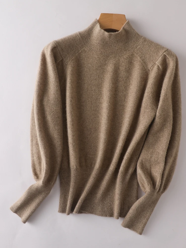 

Women's Autumn Winter Bubble Sleeve Mock Neck Sweater Wool Sweater Long Sleeve Pullover Grace Soft 100% Merino Wool Knitwear