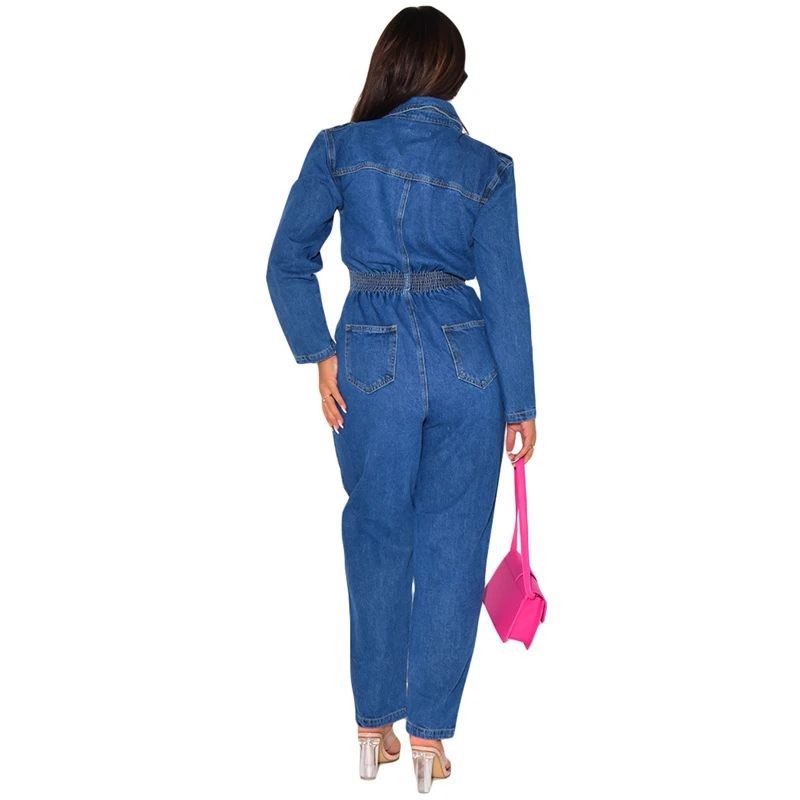 Fashion Sexy Tailored Collar Denim Long Jumpsuits Monos Largos Autumn Winter Stretch Full Length Jeans Jumpsuit Women Elegance