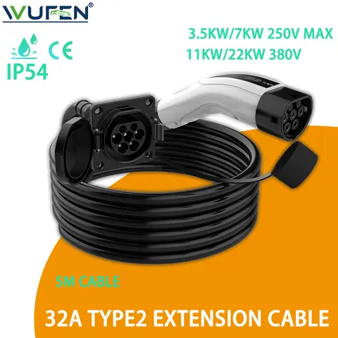 WUFEN Type 2 Extension Cable 3.5KW 7KW 11kW 22kW for Portable Charger Wallbox Charging Station Charger with Type 2 Charging Plug