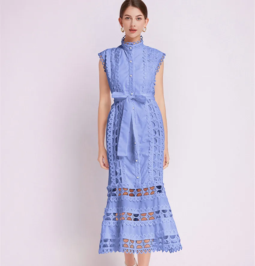 

Женское длинное платье с юбкой годе, голубое ажурное платье во французском стиле с вышивкой, однобортное свободное платье с поясом и воротником-стойкой, лето 2024