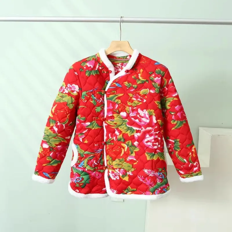 Chinese Style Women Vintage Northeast Flower Cotton-padded Jacket short Cheongsam Old-fashioned peony tang suit New year coat