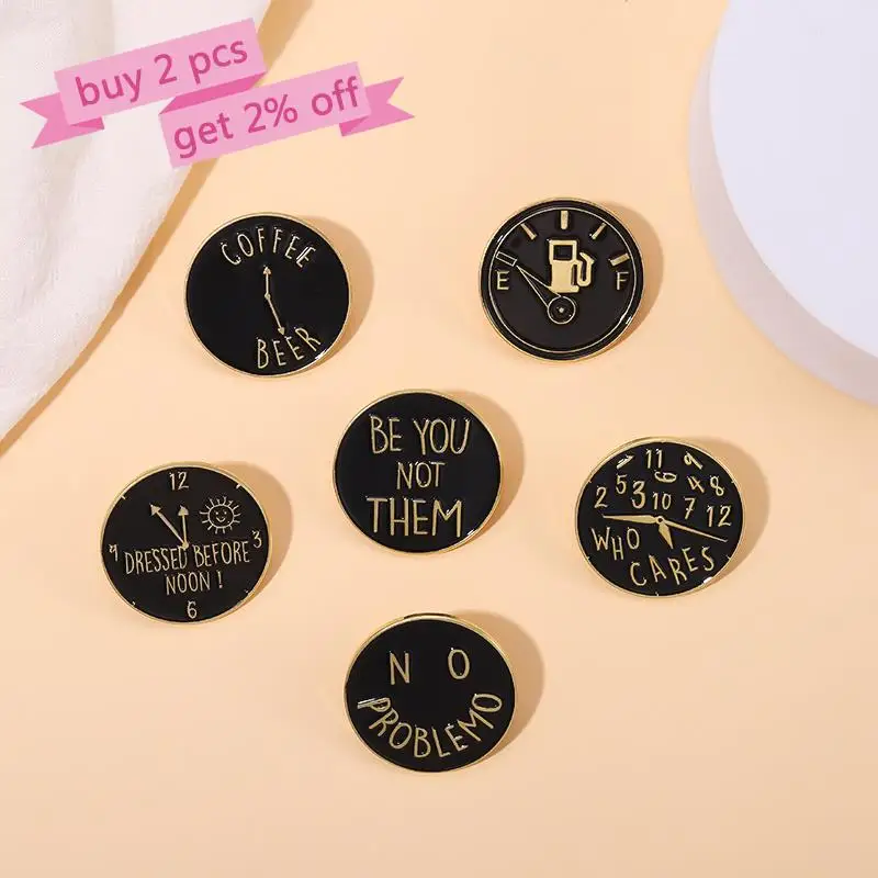 Reloj personalizado, tanque, café, cerveza, broches sin Poblem, insignias de solapa negras, regalo de joyería divertido para niños, amigos, alfileres esmaltados caóticos