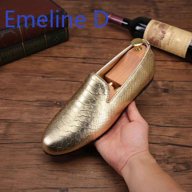 

Golden Snake Patterned Soft Leather Shoes Men's Fashionable Casual Simple Genuine Leather Comfortable Fit Flat Sole Sole Shoes