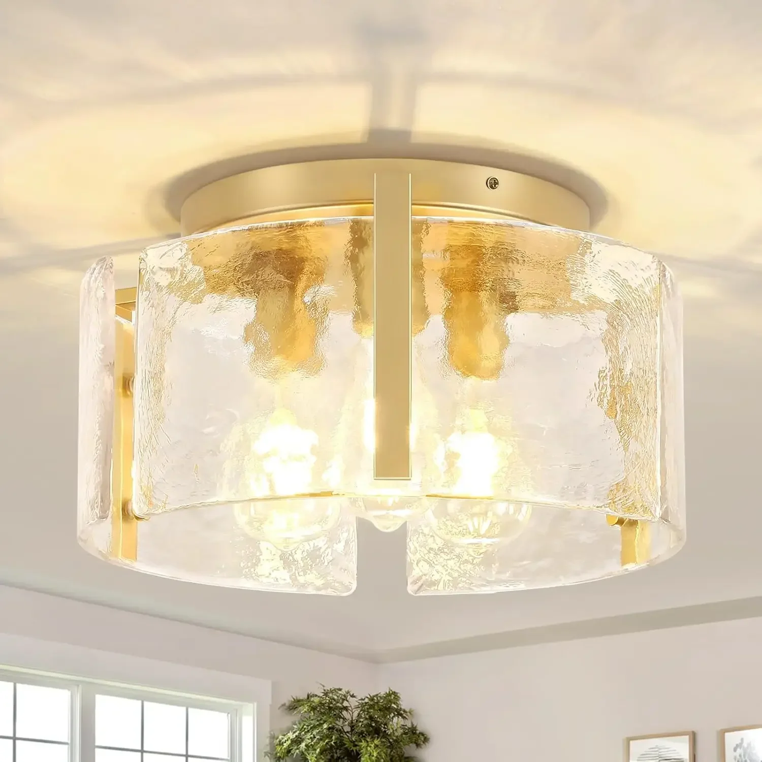 

15'' Modern Gold Semi Flush Mount Ceiling Light, 3-Light Glass Drum Light Fixtures, Ceiling Lights for Hallway Entryway Foyer Be