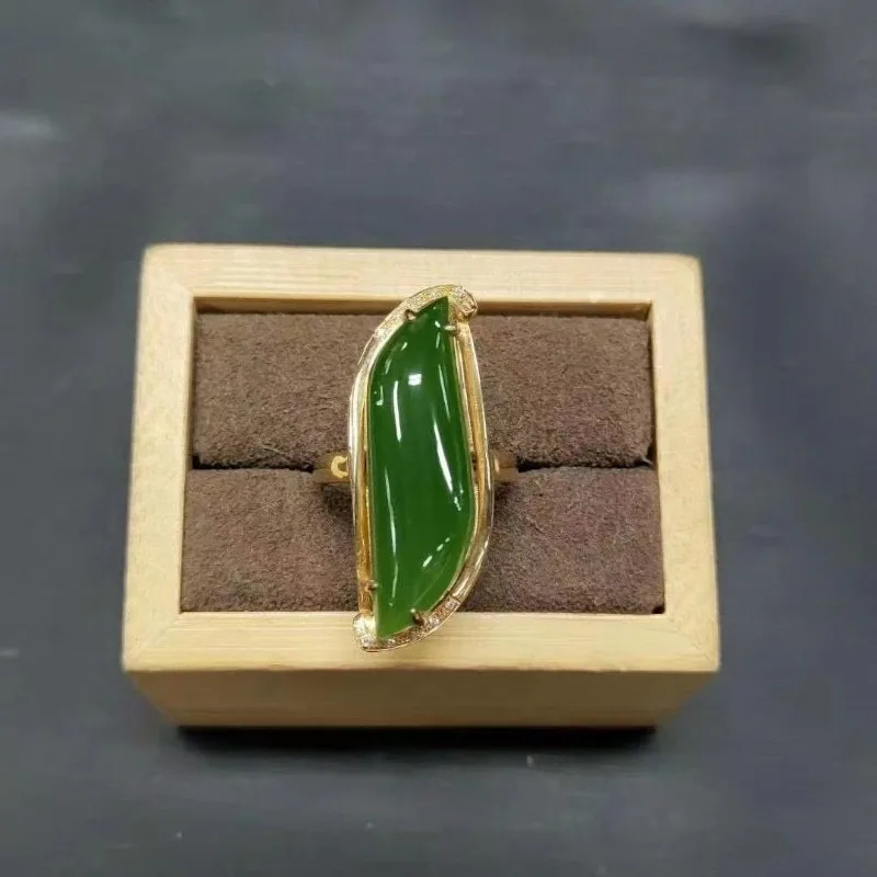 Fashion natural Hotan Jade ring Classic glossy silver inlaid vintage Willow leaf green rings for women fien jewelry adjustable