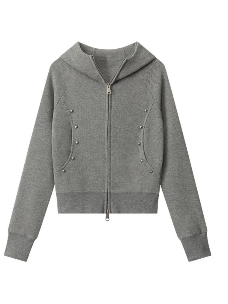 American retro double zipper women's cardigan slim fit hooded sweatshirt autumn and winter spicy girl trend top millennium style