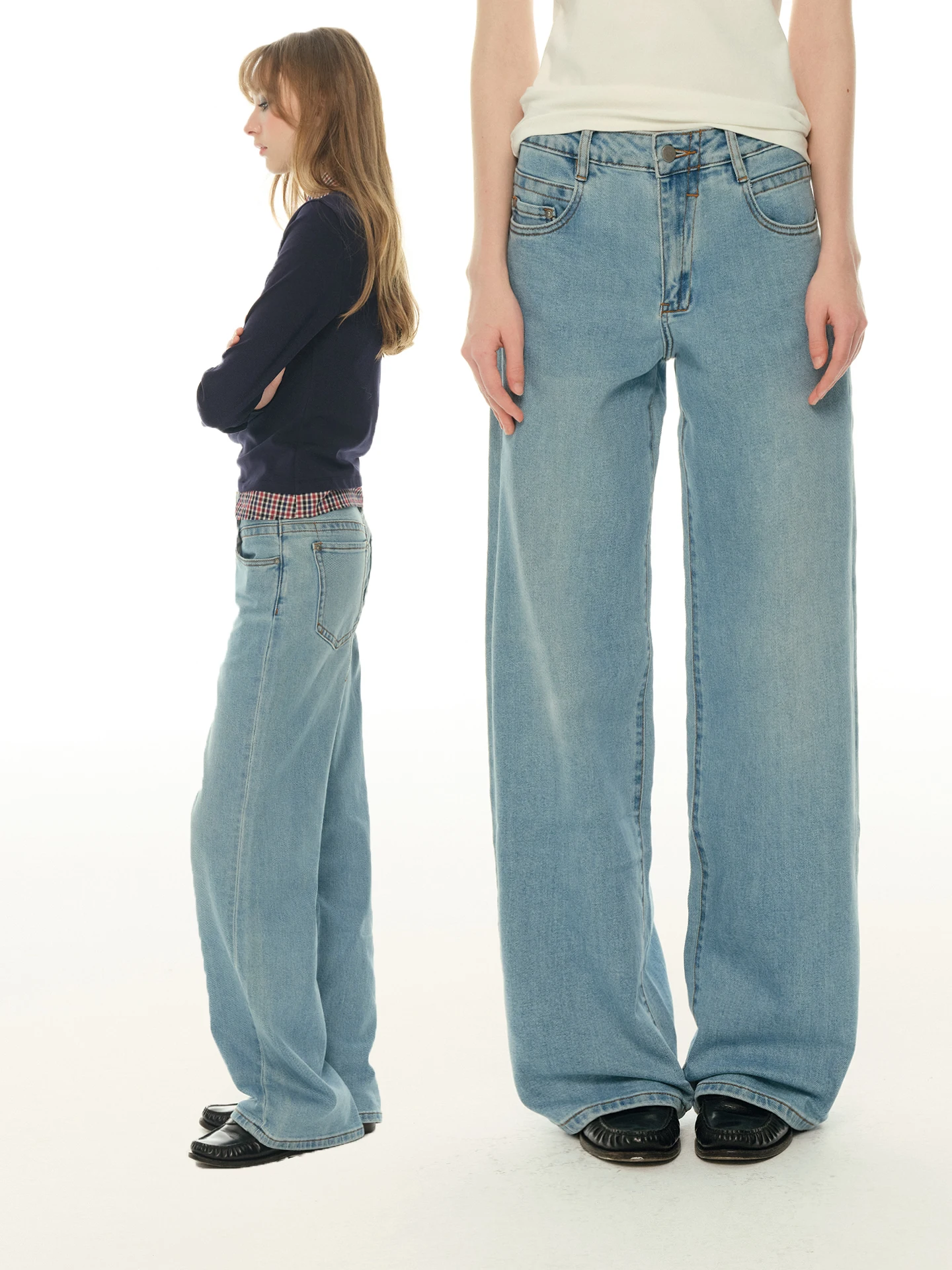 

High Waist Loose Fit Straight Leg Blue Waed Denim Jeans Women's Casual Wide Leg Floor Length Pants Vintage Sle