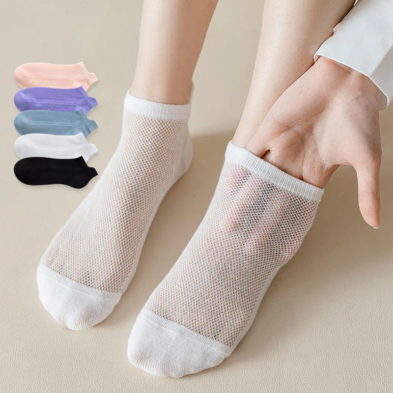 Summer Breathable Mesh Short Socks Women's Pure Cotton Thin Ankle Socks INS Sweat-absorbing Solid Color Casual Short Tube Socks