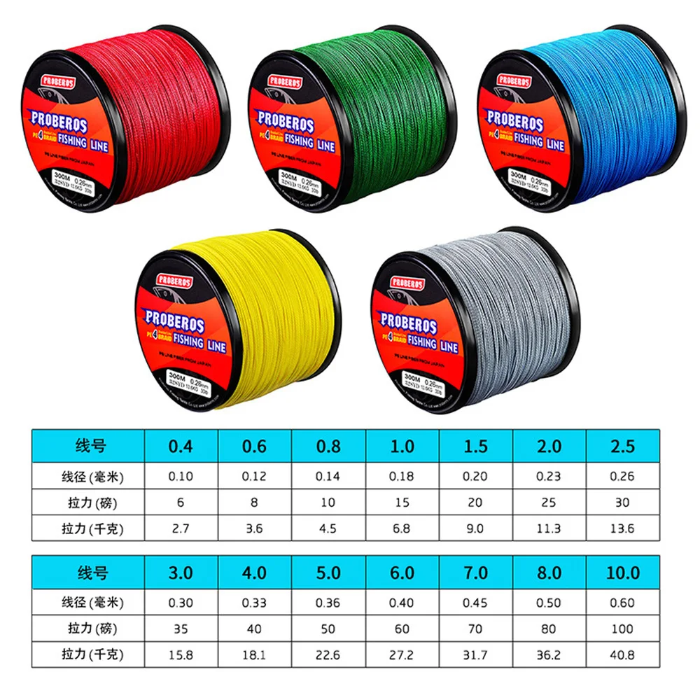 PROBEROS 300M 4 Braids Fishing Line Superior Abrasion Resistance 4 Weaved Fish Wire 6LB-100LB Cord Fishing Tackle PE Braided Sea