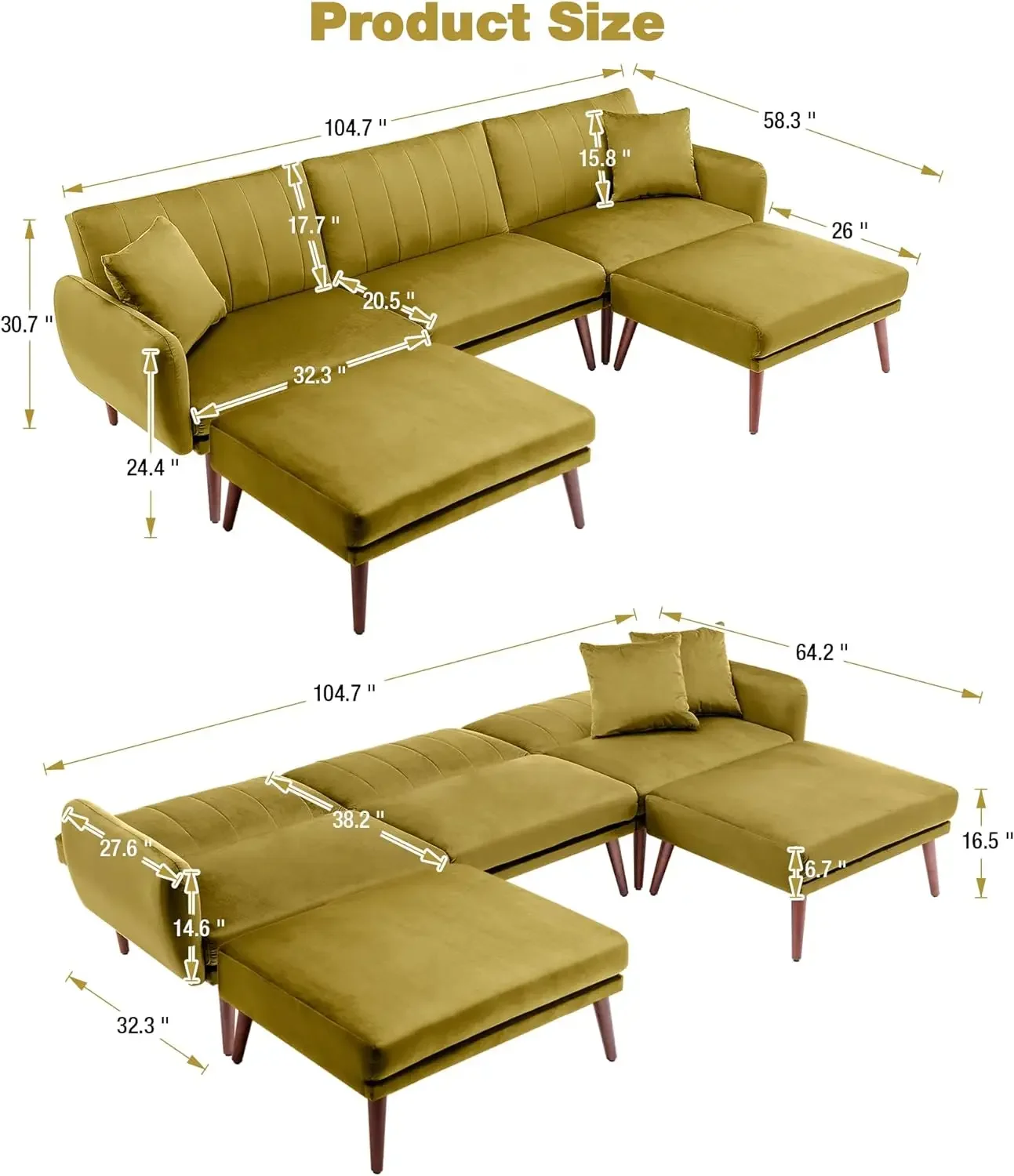 Velvet Sectional Sofa Couch for Living Room with Chaise, Modern Convertible U-Shaped Couch Sofa Bed with Adjustable Backrest