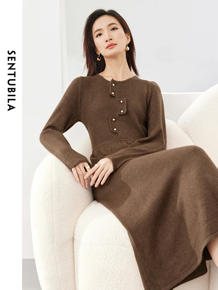 SENTUBILA Women Coffee Midi Knitted Dress 2024 Woman Knitwear Long Sleeve Fitted Long Dreeses Female Autumn Clothing W44L58522X