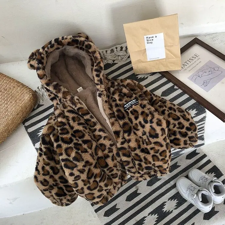 Cappotto invernale per bambina in peluche e peluche spesso, per bambini, con stampa leopardata, indumento esterno ispessito, abbigliamento per