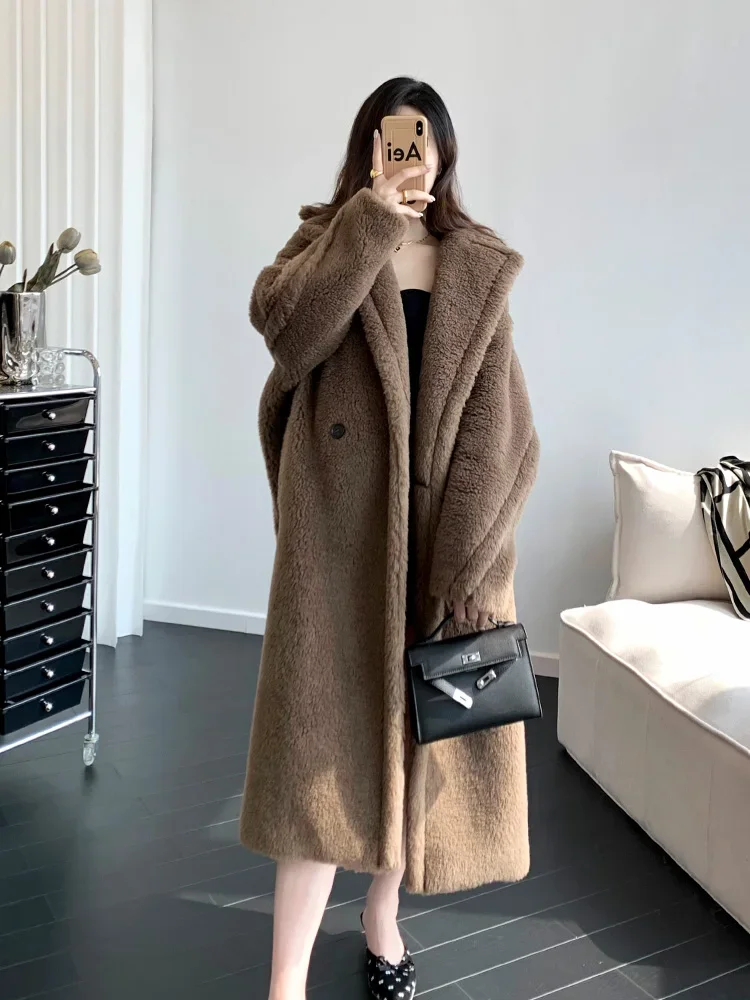 Women Teddy Alpaca Mid-length Fur Coat Silhouette Luxury Loose Turn-down Collar Thick Wool Jacket Fashion Coat Plus Size Winter