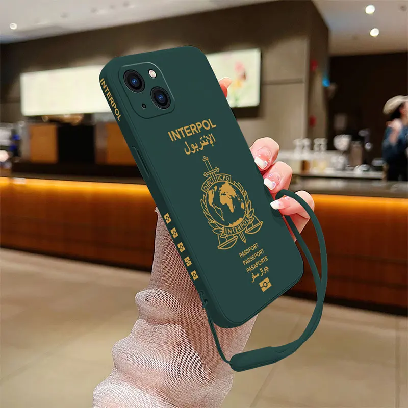 Interpol Logo Passport Phone Case For iPhone 15 14 13 12 11 Pro Max Mini X XR XS MAX 8 Plus Silicone with Hand Strap