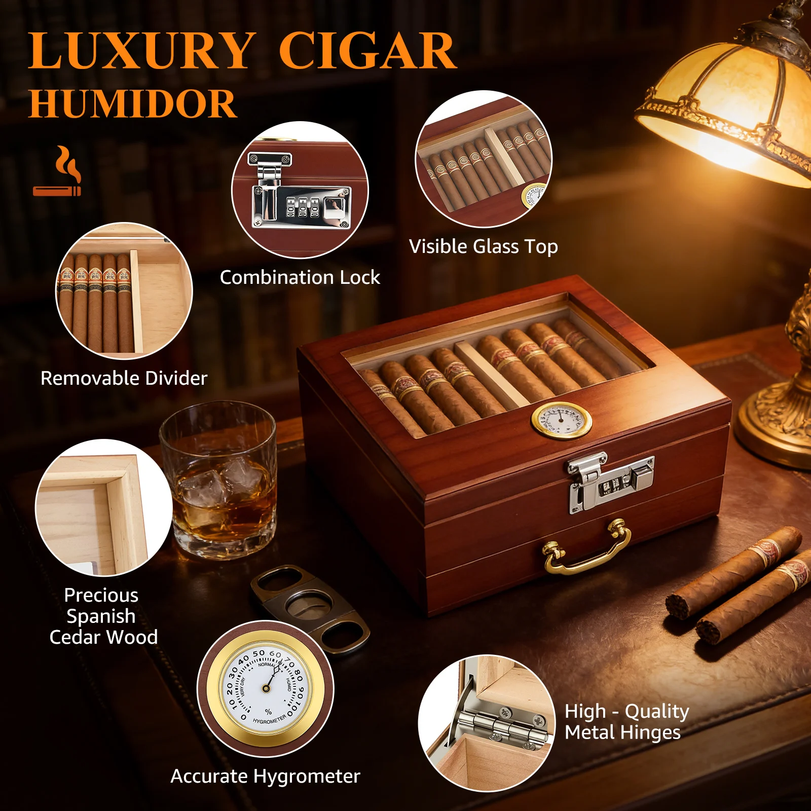 Round Hygrometer Wooden Cigar Humidor Transparent Cigar Storage Box 30-50 Counts Capacity With Cigar Humidifier Travel Glass