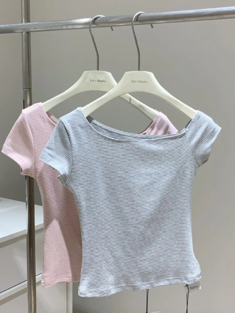 Roze Gestreepte Crop Tops Vrouwen Zomer Sexy Slash Hals Slanke Katoenen Korte Mouw Tees Vrouwelijke Chic Zoete Preppy Stijl T-shirts Nieuw