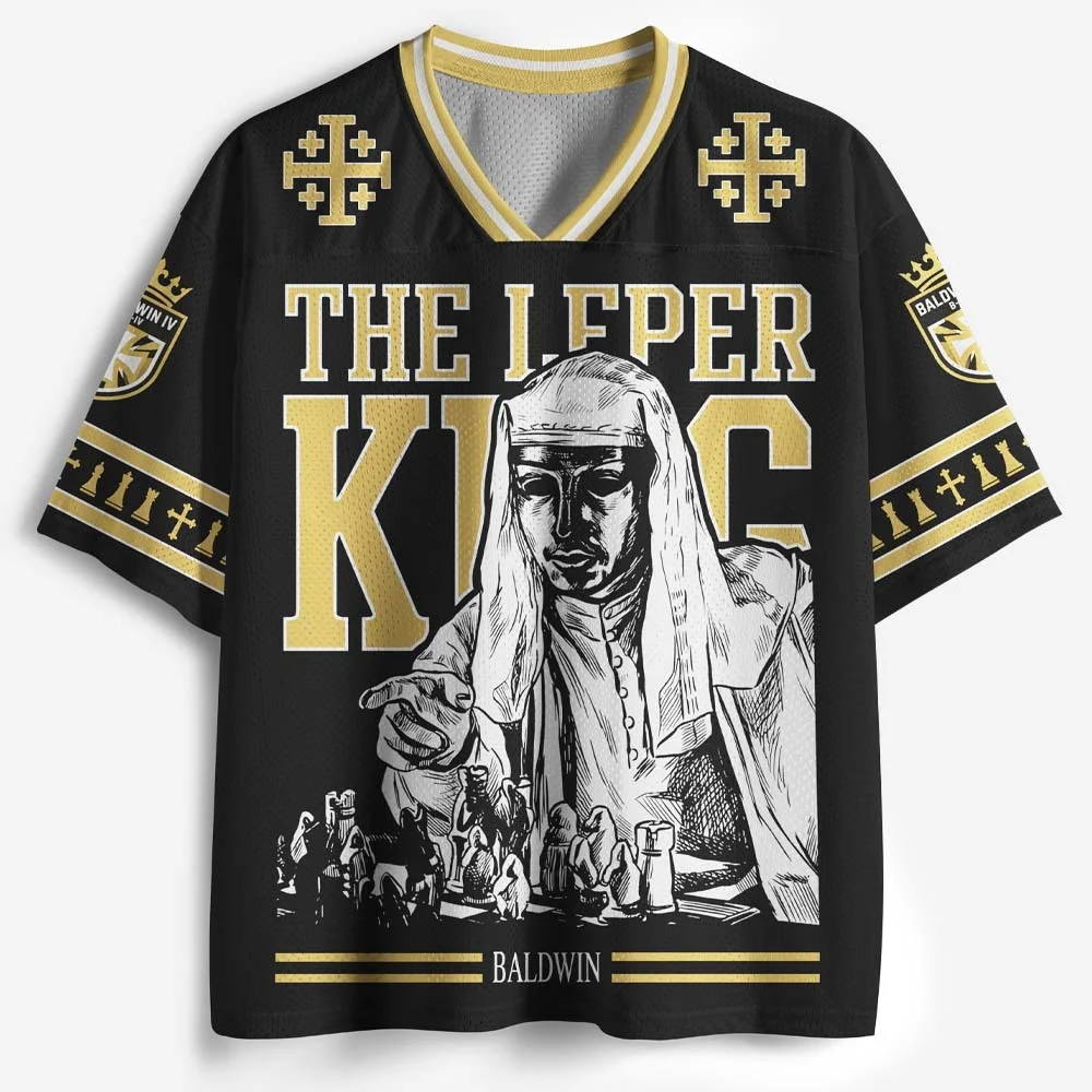 V Neck Mesh Short Sleeve Shirt, The Leper King Baldwin Knight Cross Print Casual Top, Retro Faith Street Sports Tee