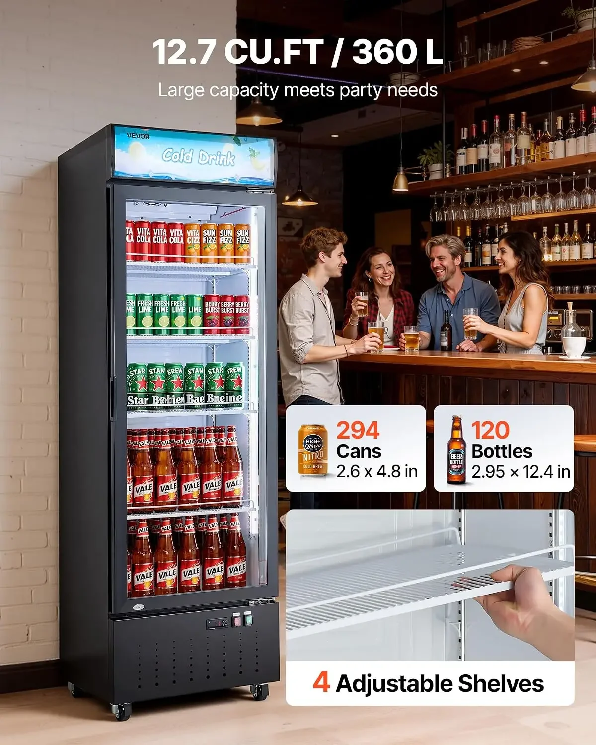 Commercial Merchandiser Refrigerator, 12.7 Cu.Ft / 360 L Glass Door Display Refrigerator, Upright Beverage Cooler with Customiza