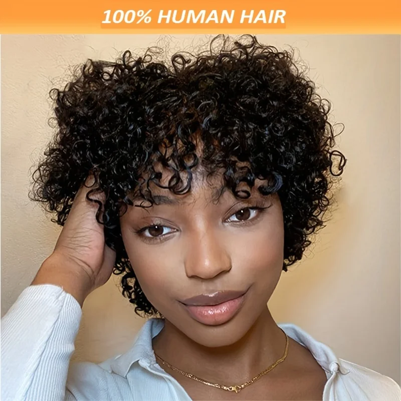 Pixie corte peruca para mulheres, bob curto, cabelo humano encaracolado, laço transparente, água onda profunda, densidade de 180%