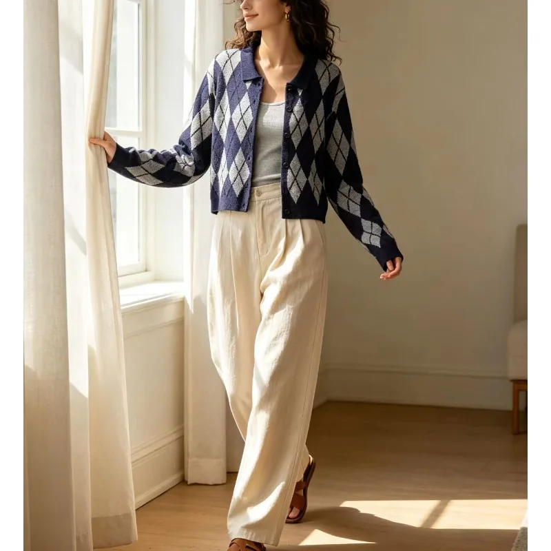 Women Minimalist Style Long Sleeve Argyle Single Breasted Sweater Cardigan 2026 Autumn Winter New Preppy Casual Street Outerwear view 4