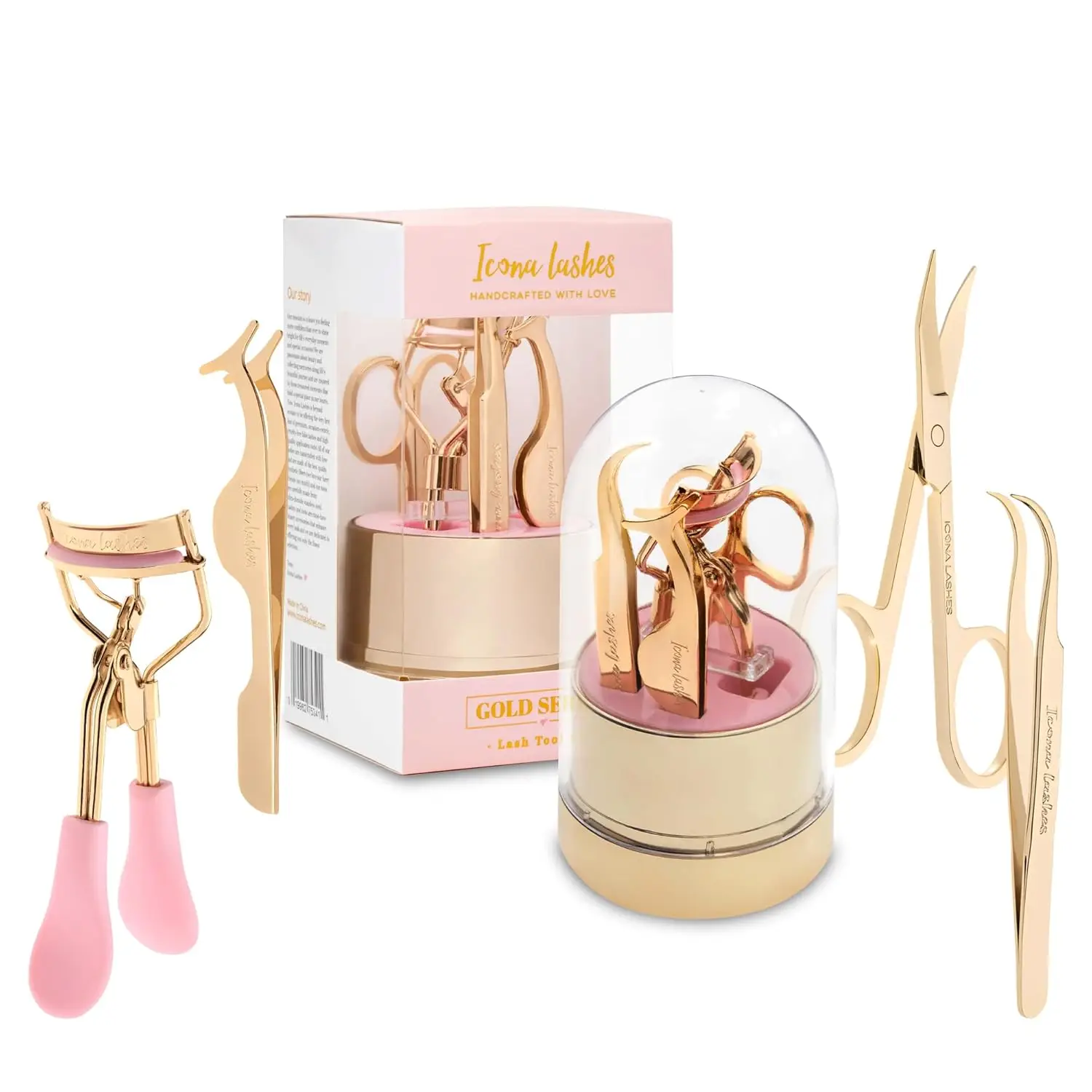 

4-in-1 Eyelash Tool Kit with Tweezer, Curler, Scissors, Applicator in Gold Plated Stainless Steel and Clear Organizer