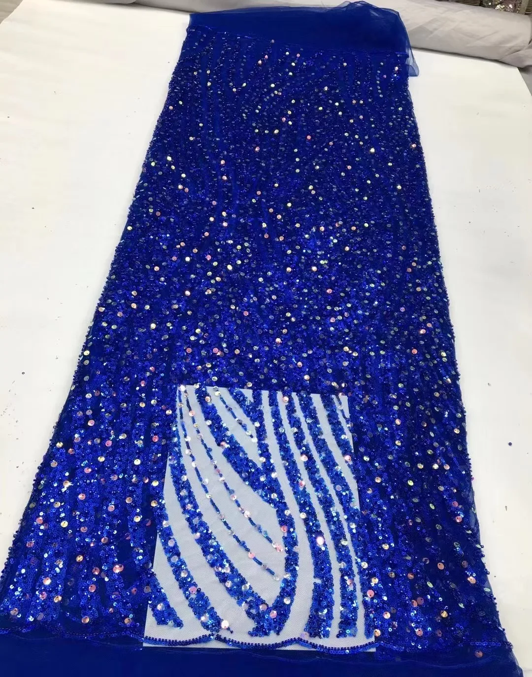 

2024 High Quality African Nigerian Lace Fabric Embroidery Tulle Pure Wedding Party Dress Beaded Sequins For Sewing Beads 5yards