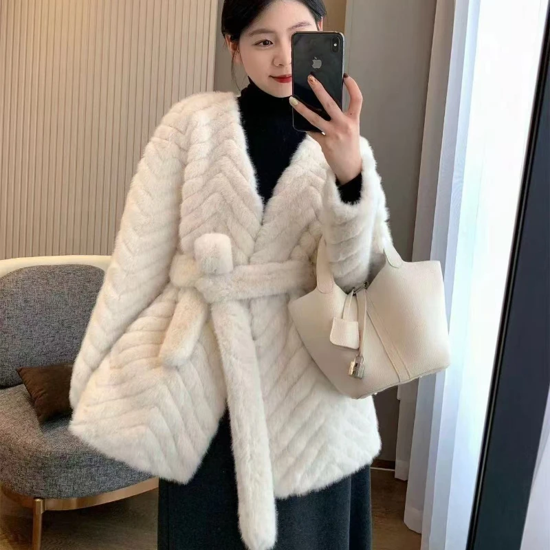 Winter Striped Women Tops Mink Coat Luxury Eco-friendly Fur Faux Mink Soft Belted Coats Long Sleeve Jacket Clothing Trendy New