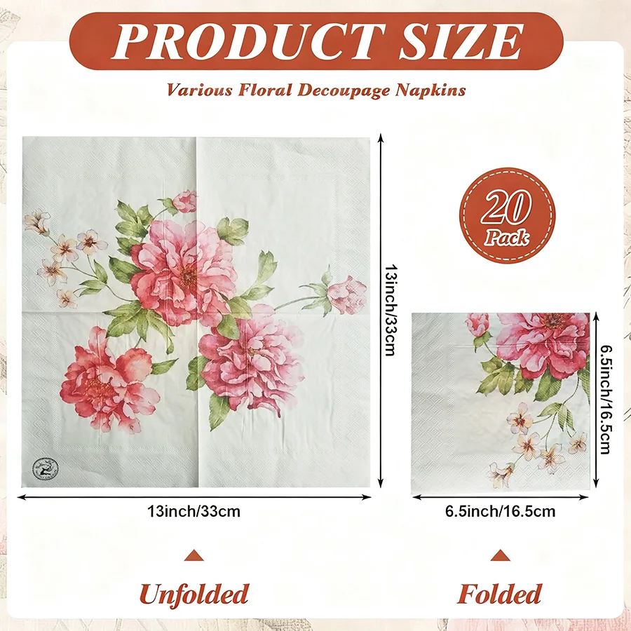 20pcs Assorted Floral Printed Paper Napkins Disposable Decorative Serviettes Decoupage Tissue For Wedding Party Table Decor DIY