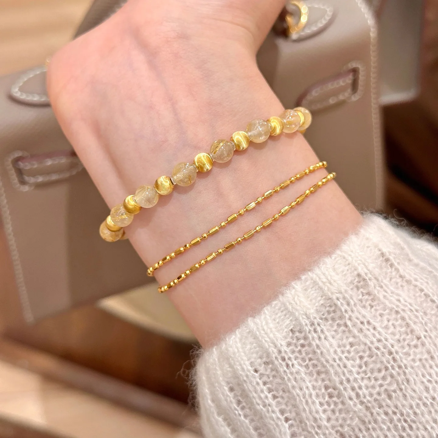Chinese Style Luck Wealth Charm Handstring 5mm Natural Golden Rutilated Quartz Handmade Beaded Bracelet Fortune Chic For Women