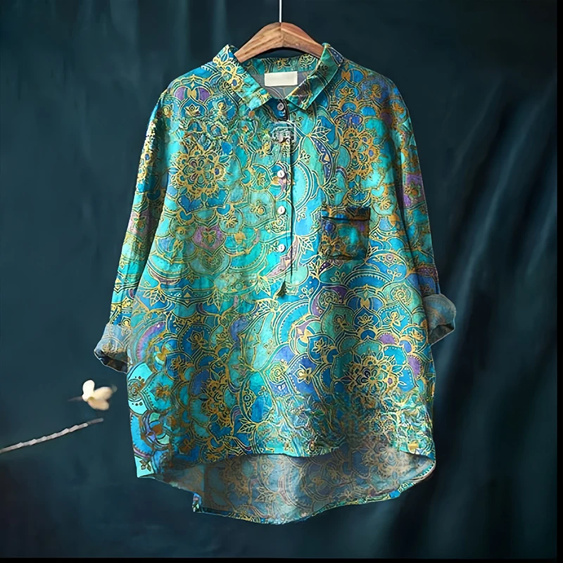 Nueva camisa informal holgada con cuello vuelto para mujer de primavera y otoño, blusa estampada de manga larga de algodón y lino de talla grande, Top A347