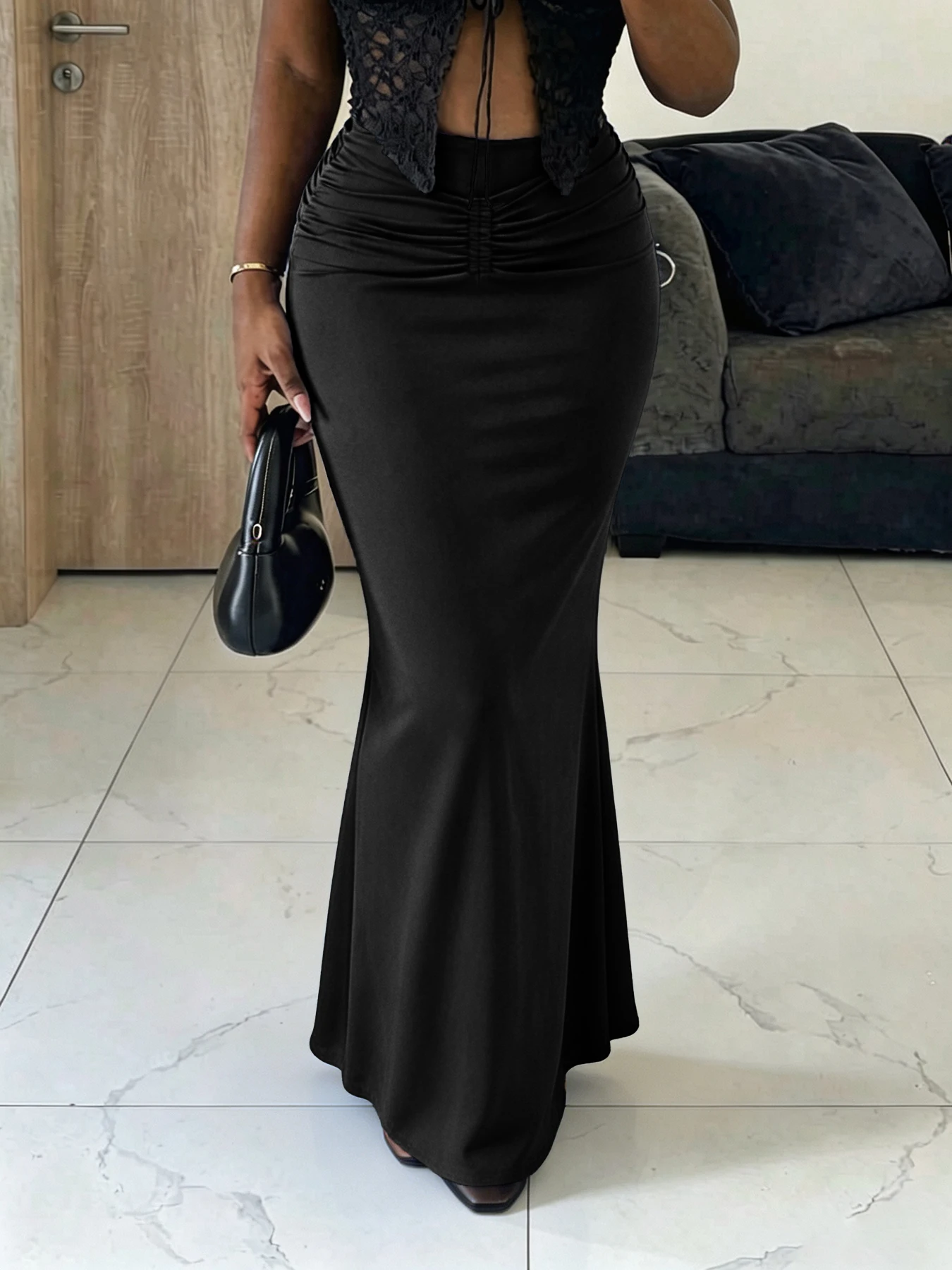 Women High Waist Ruched Mermaid Maxi Skirt Stretch Bodycon Long Fishtail Skirt Evening Party Pencil Skirt