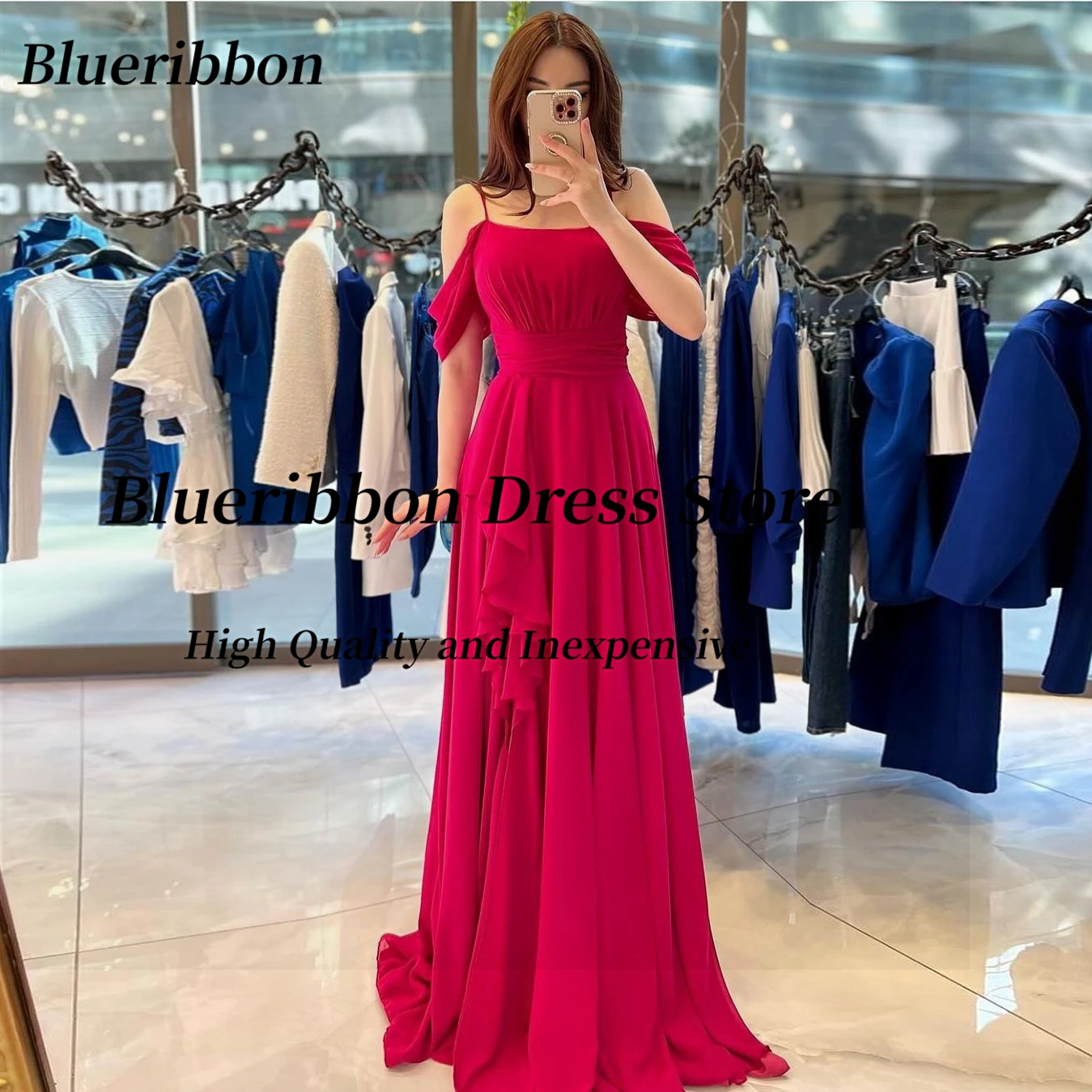 Blueribbon Special Party Girls Wear Prom Dresses Spaghetti Off Shoulder Vestidos Des Noches Ruched Side Slit Evening Party Dress