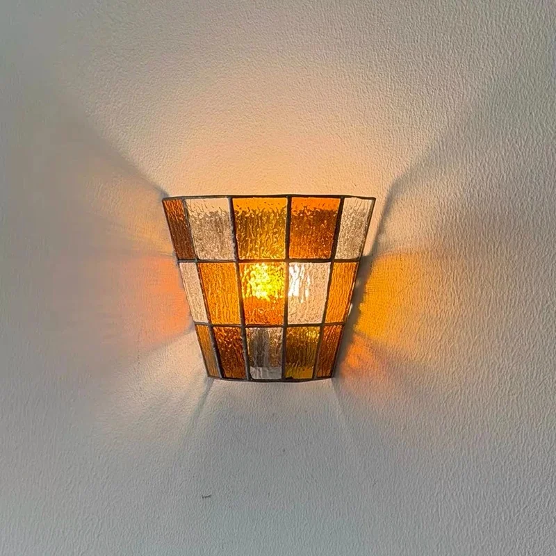 Vintage Stained Glass Wall Sconce Grid Handmade Wall Lamp Retro Bathroom Corridor Bedroom Decor Lighting Fixture view 2