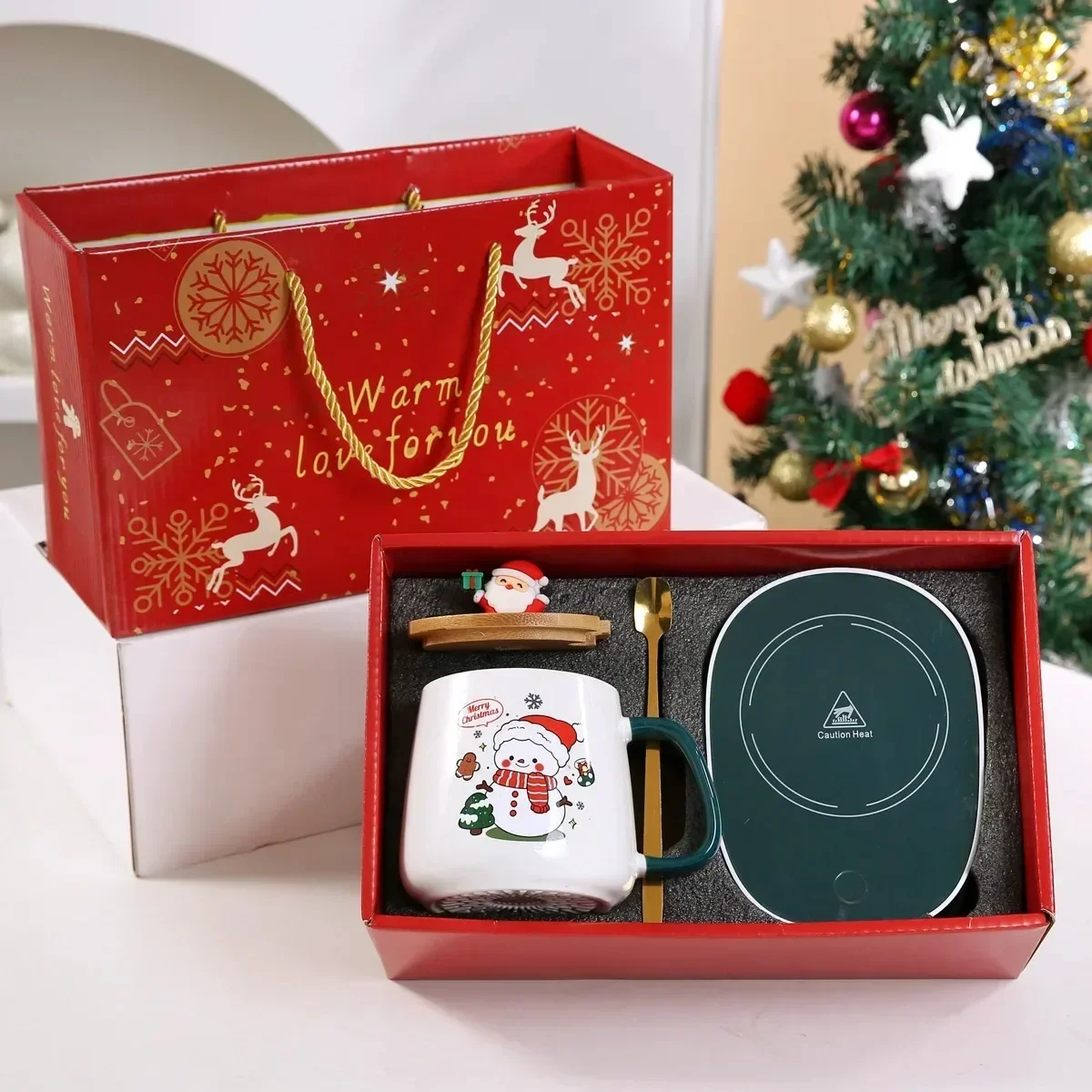 Weihnachtsgeschenkset: 55 ° C Wärmebehaltender Keramikbecher mit Deckel und Löffel – Tragbare Kaffeetasse für den Büro- oder Heimgebrauch