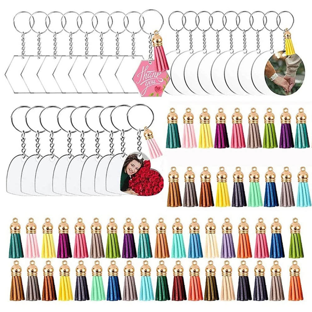 120Pcs Acrylic Keychain Blanks with Golden Tassels Kit Bulk Various Shapes Transparent Acrylic Key Chain Embryo Accessories