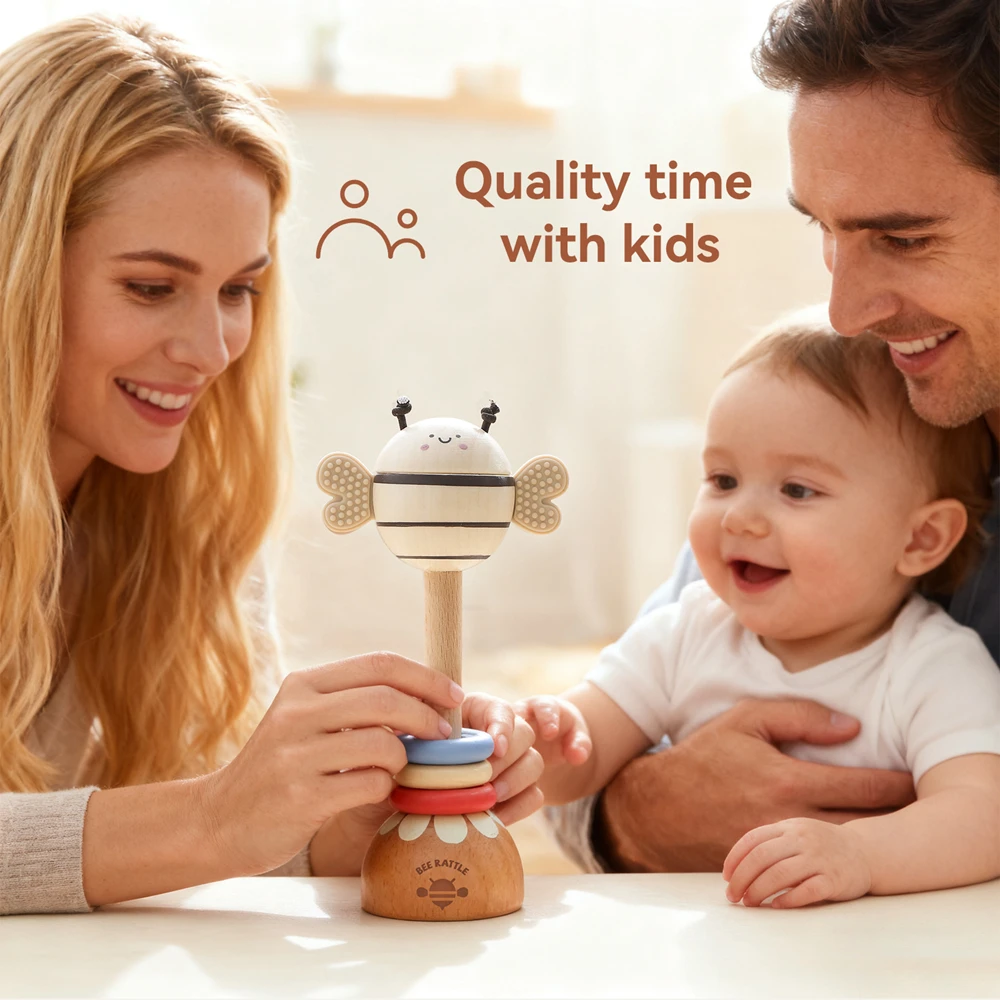 Baby Rattle Wooden Silicone BPA Free Safe Teether Sensory Toy Musical Enlightenment Fine Motor Skills Hand Eye Coordination Gift