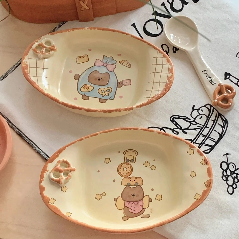 الكورية الرجعية كريم الكرتون الخبز الدب السيراميك طبق بيضاوي لطيف طبق المنزل الإفطار طبق تقديم الحلوى عيد ميلاد هدية عيد