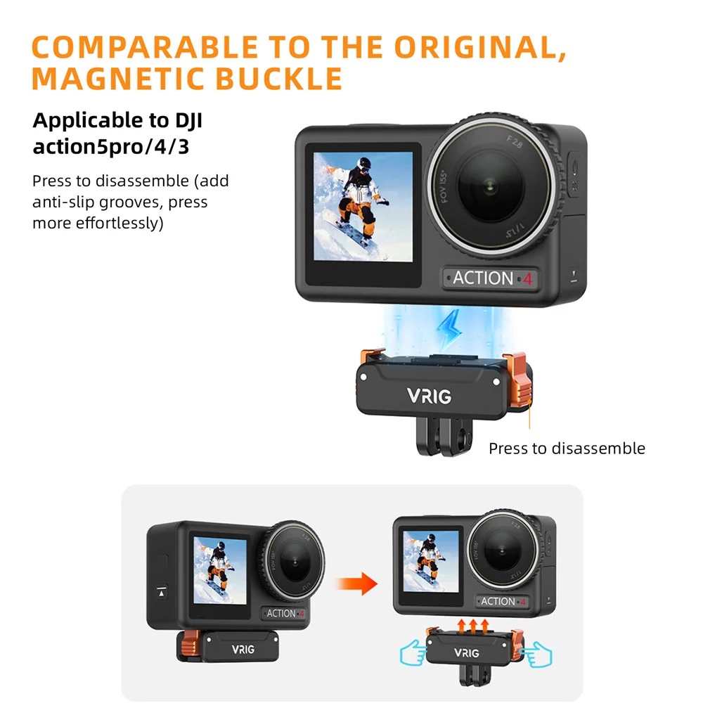 VRIG Kamera-Adapterbasis mit magnetischer Schnalle für DJI Action 3/4/5 Pro W 1/4 + GOPRO-Schnittstelle, faltbare Schnellverschluss-Zwei-Klauenhalterung