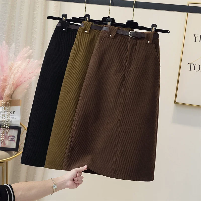 2023 Winter New Female High Waist Straight Slim Brown Corduroy Skirt Women with Belt Split Midi Skirt