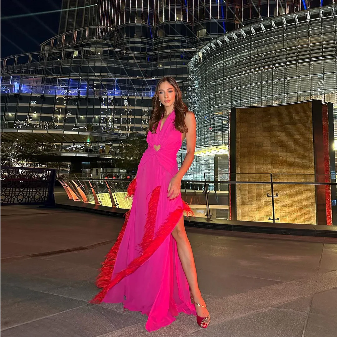 Vestido largo de verano sin mangas con cuello en V y espalda descubierta, vestido Sexy de ilusión rosa, vestido de fiesta con plumas